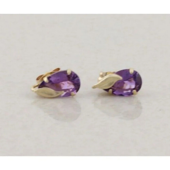 10k Yellow Gold Natural Purple Amethyst Earrings Stud Post - Picture 1 of 8